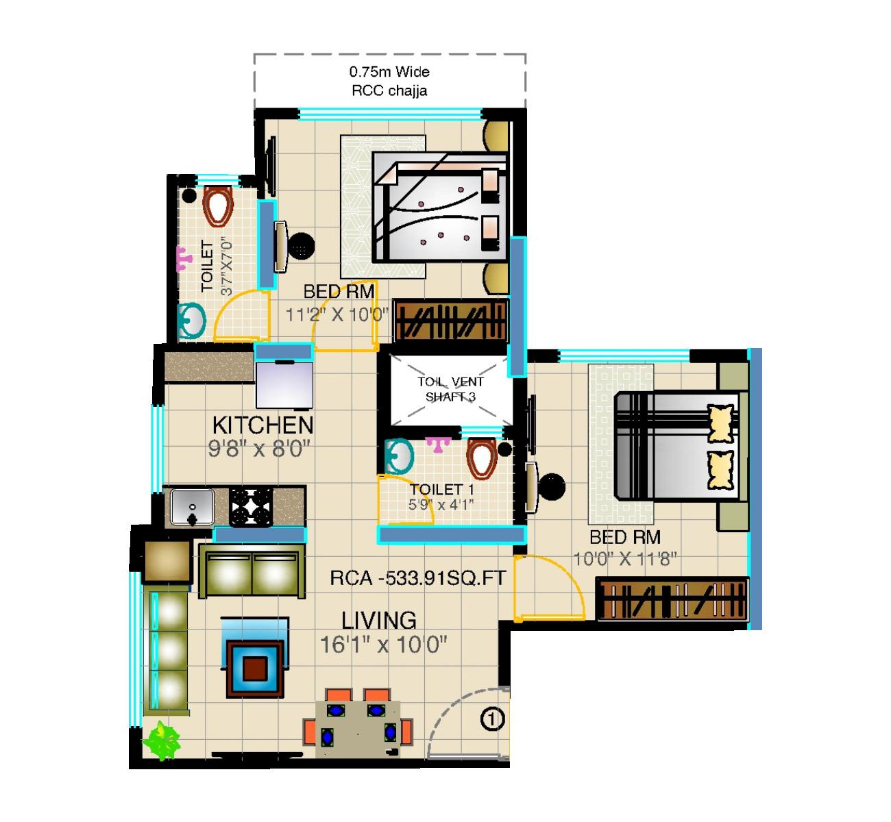 2BHK Type1 floor plan