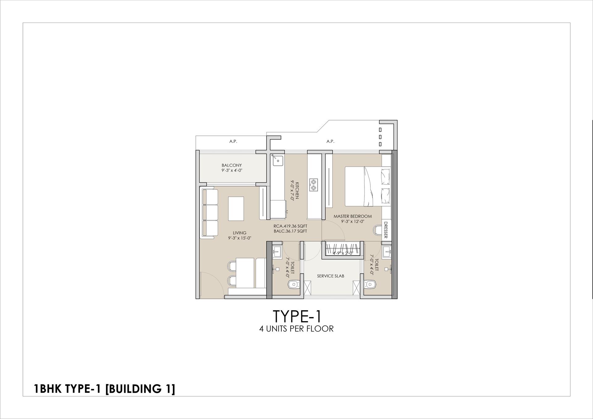 1BHK Type1 floor plan