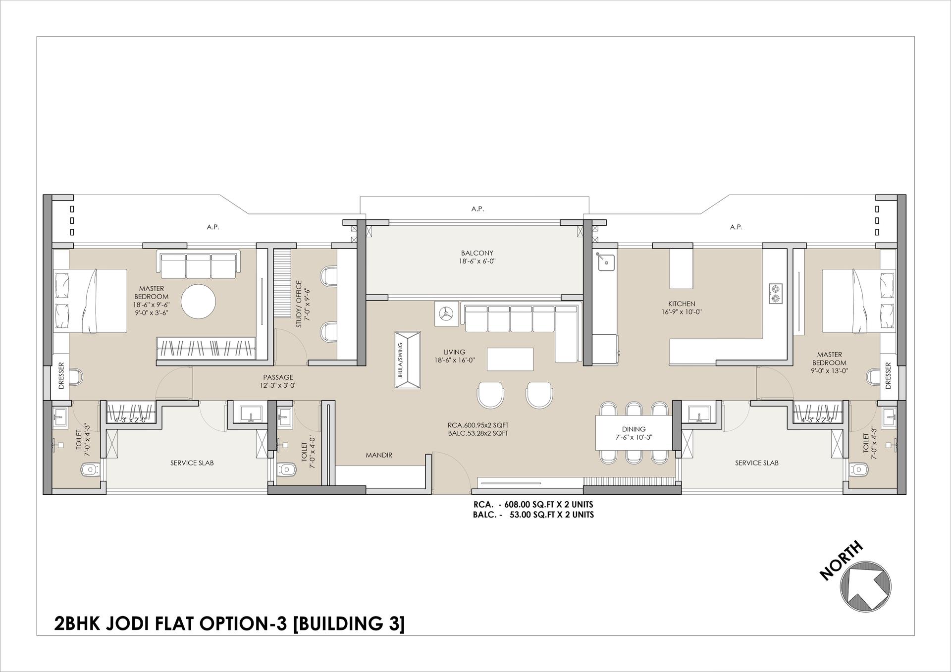 2BHK Jodi Type2 floor plan