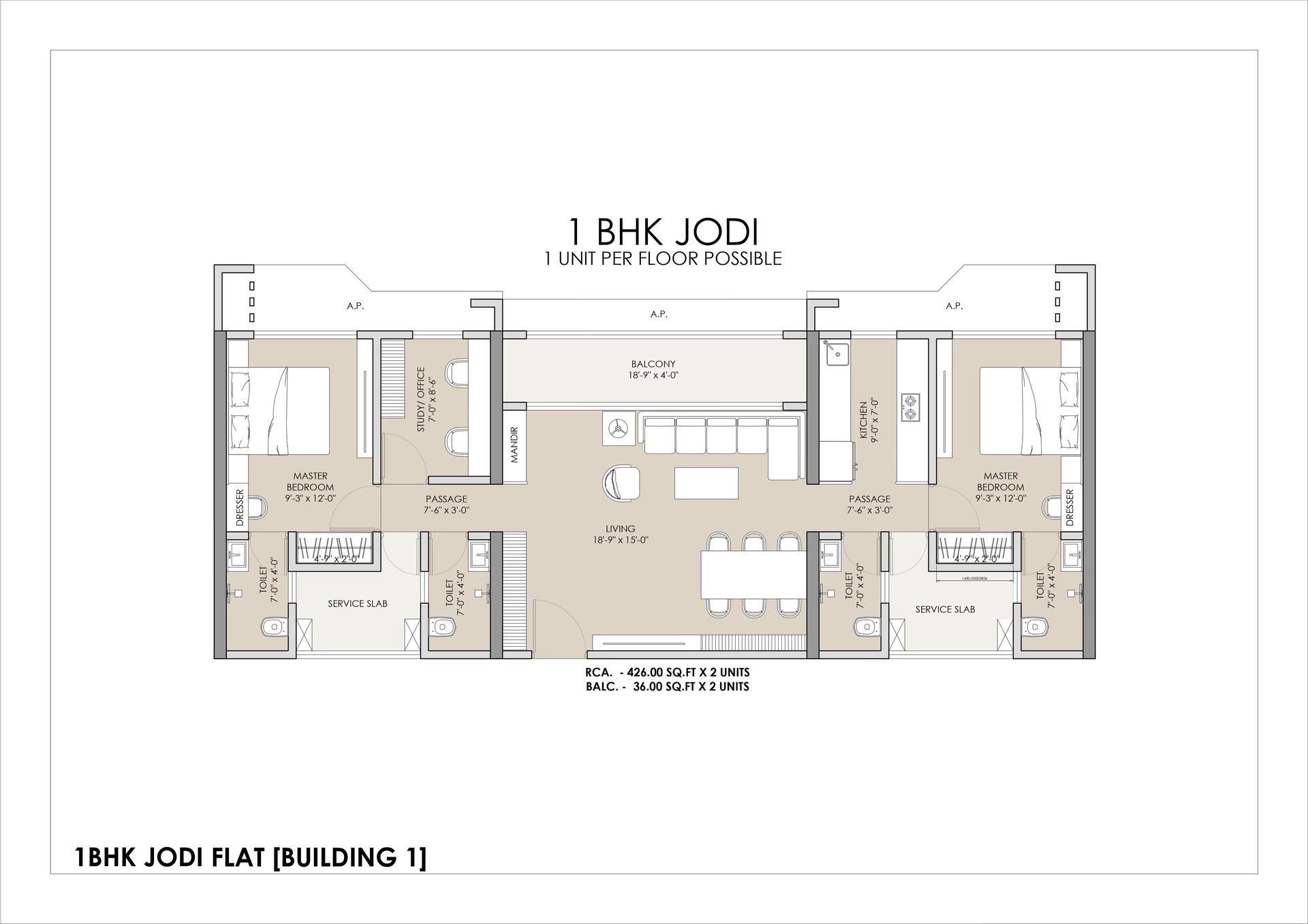 1BHK Jodi floor plan