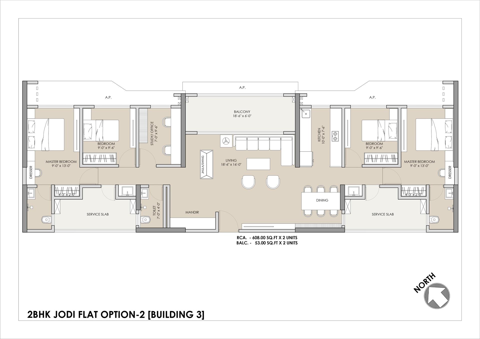 2BHK Jodi Type1 floor plan