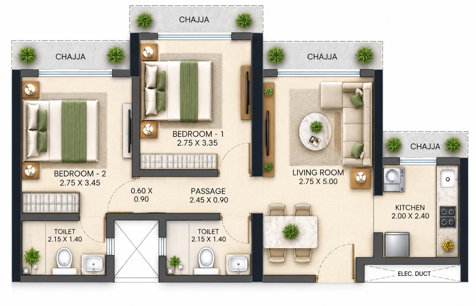 2BHK floor plan