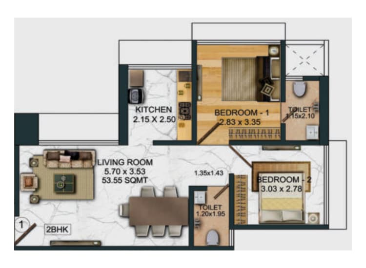 2 BHK floor plan