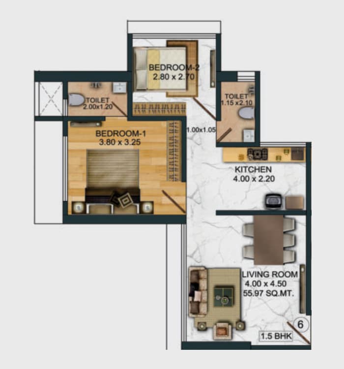 2 BHK floor plan