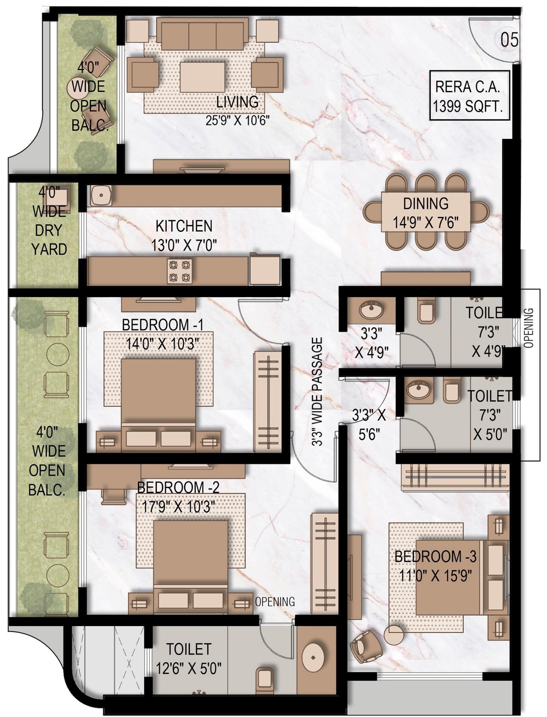 3BHK Type3 floor plan