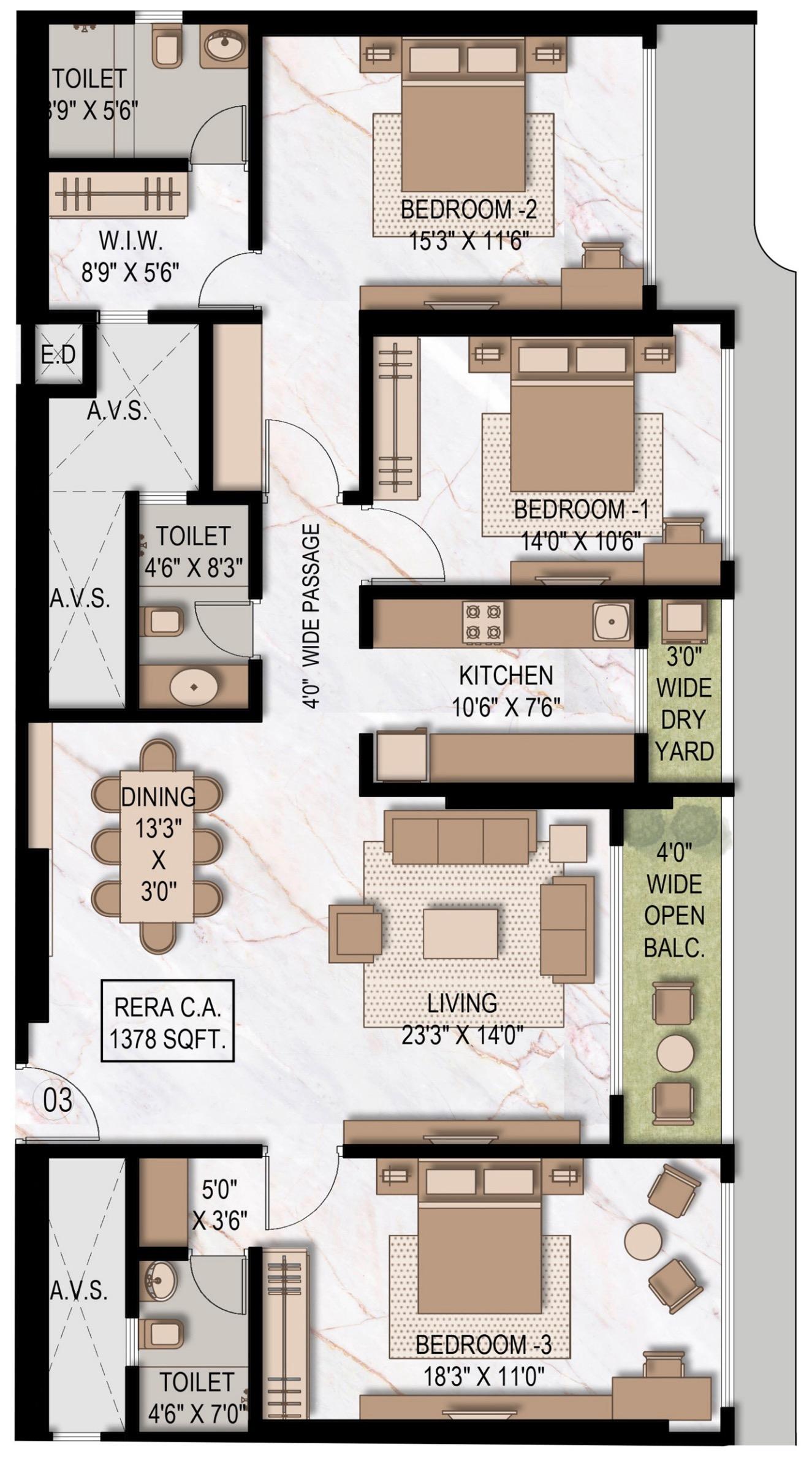 3BHK Type2 floor plan