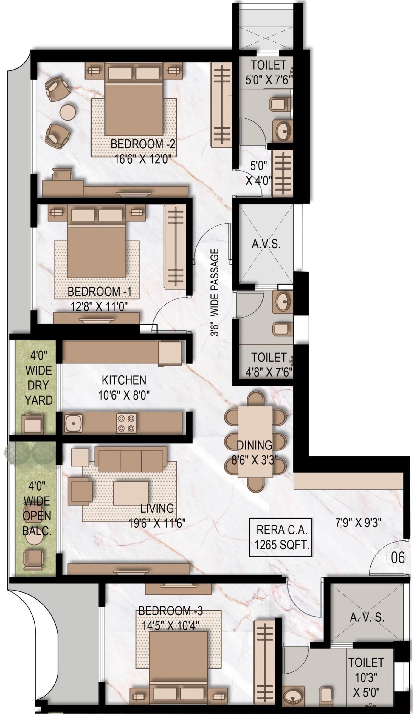 3BHK Type1 floor plan