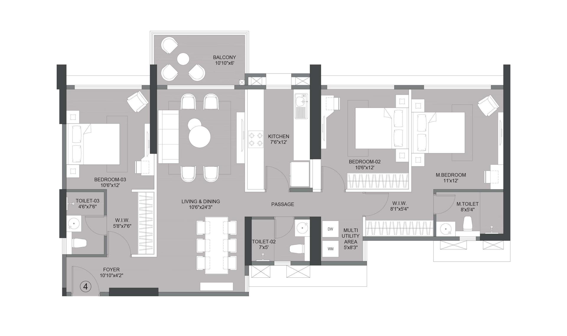 3BHK Type1 floor plan