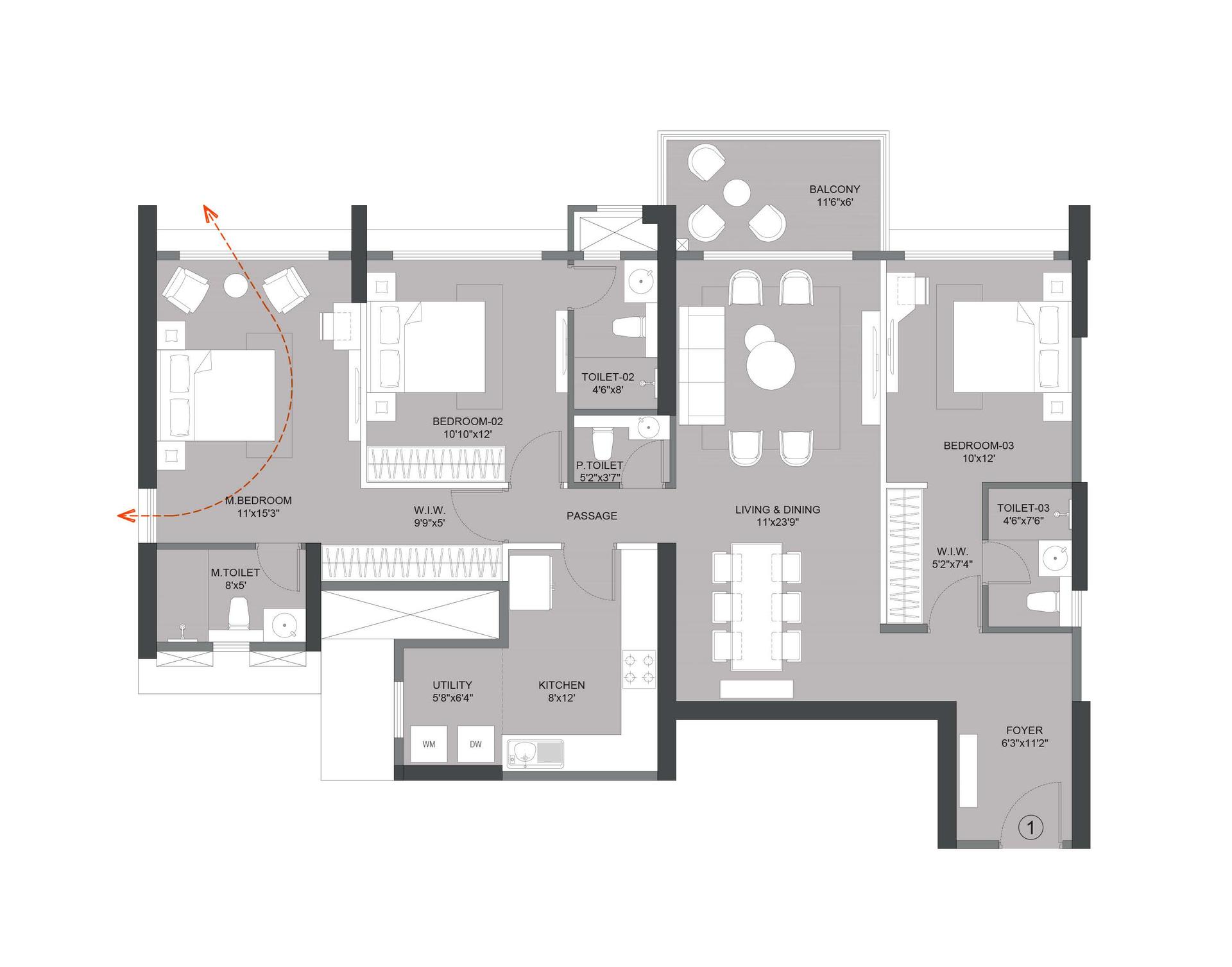 3BHK Type2 floor plan