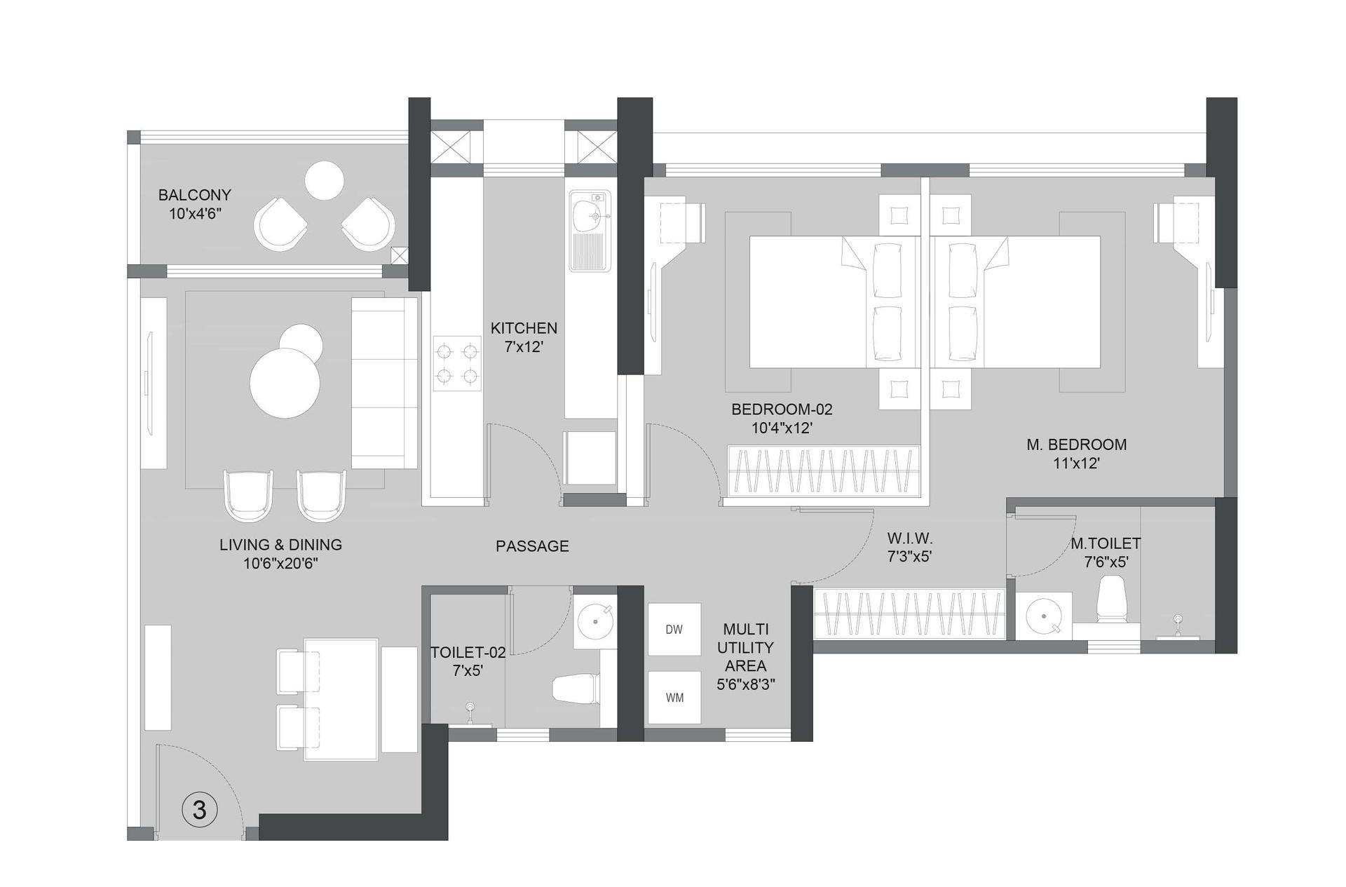 2BHK Type1 floor plan