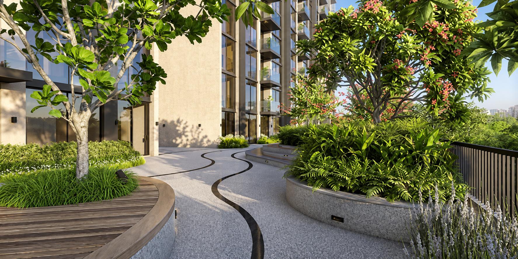 Landscaped gardens at Meraki One, Chembur