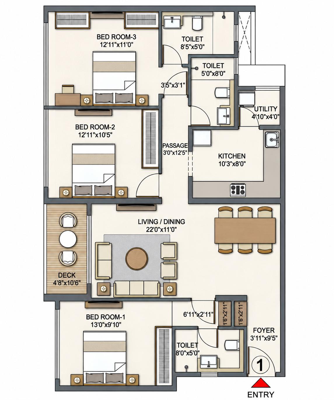 3BHK floor plan