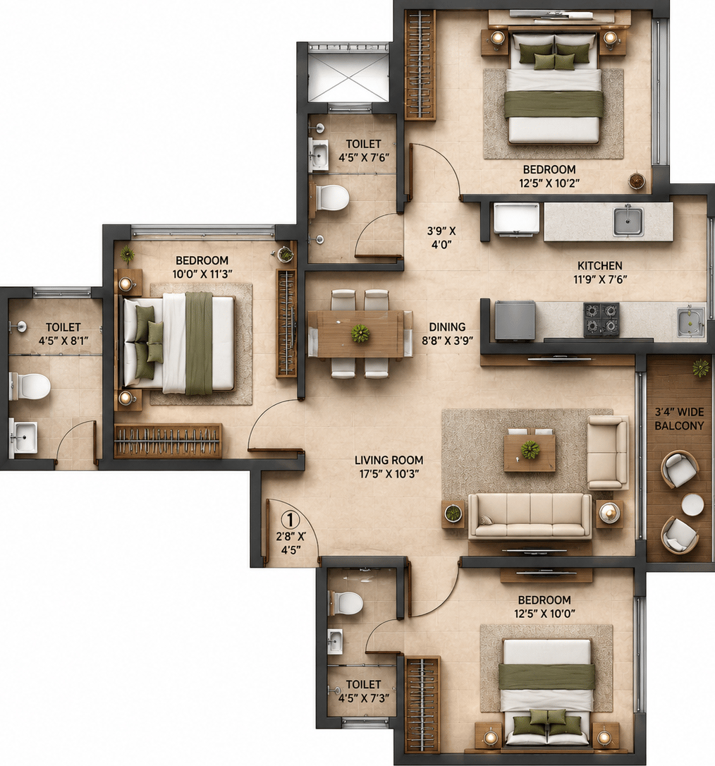 3BHK floor plan