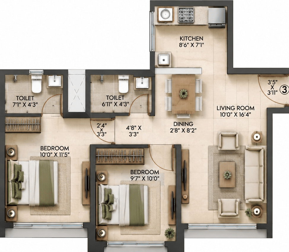2BHK floor plan