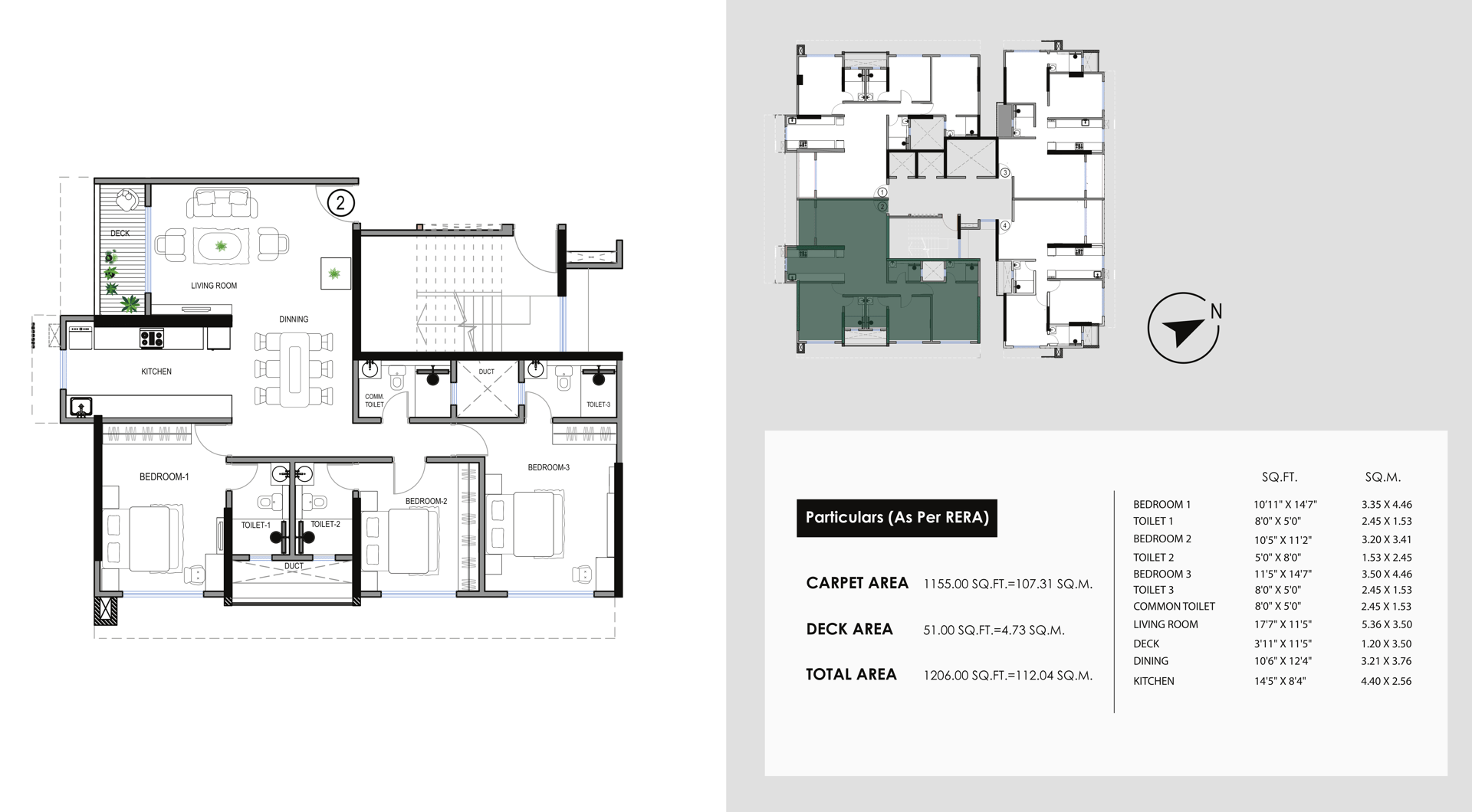 3 BHK T2 floor plan