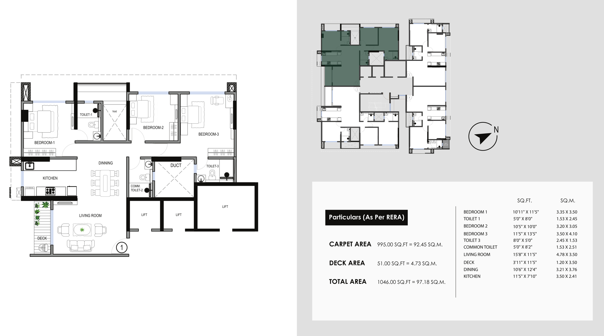 3 BHK T1 floor plan