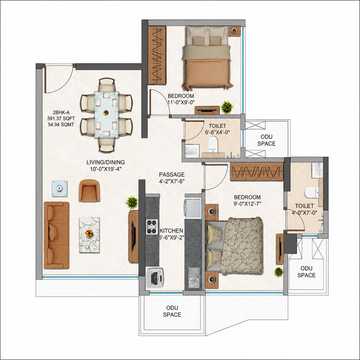 2BHK Type1 floor plan