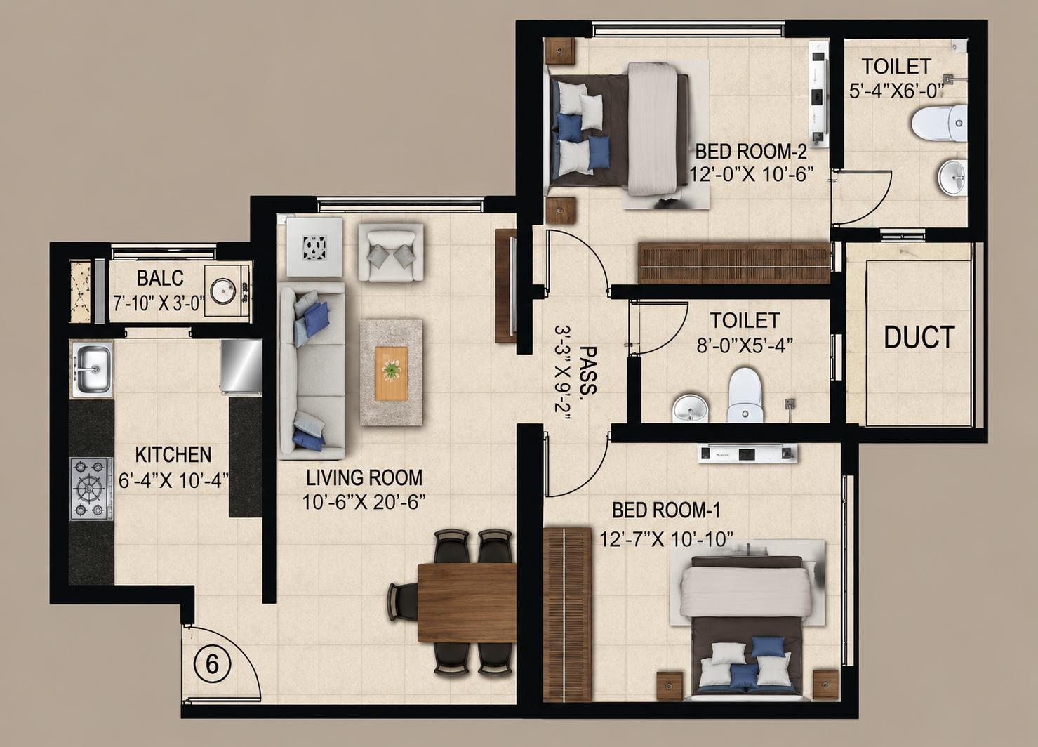 2BHK floor plan