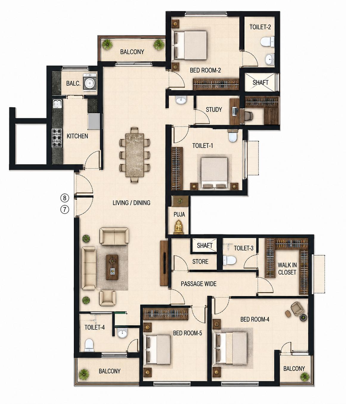 5BHK (3+2) Jodi floor plan