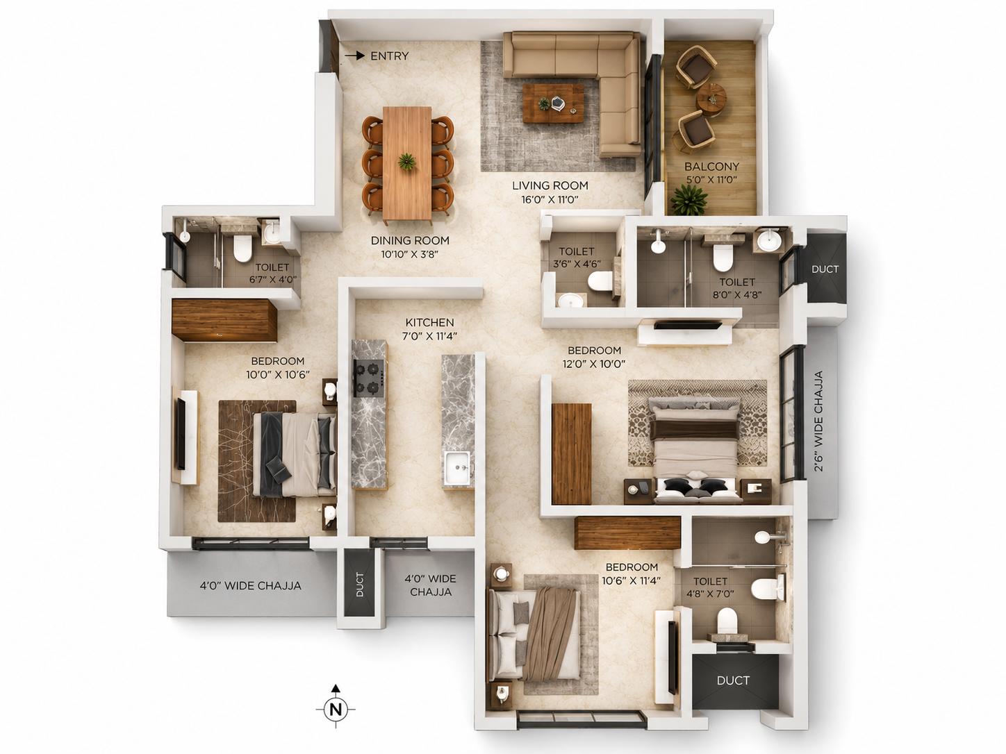 3BHK floor plan