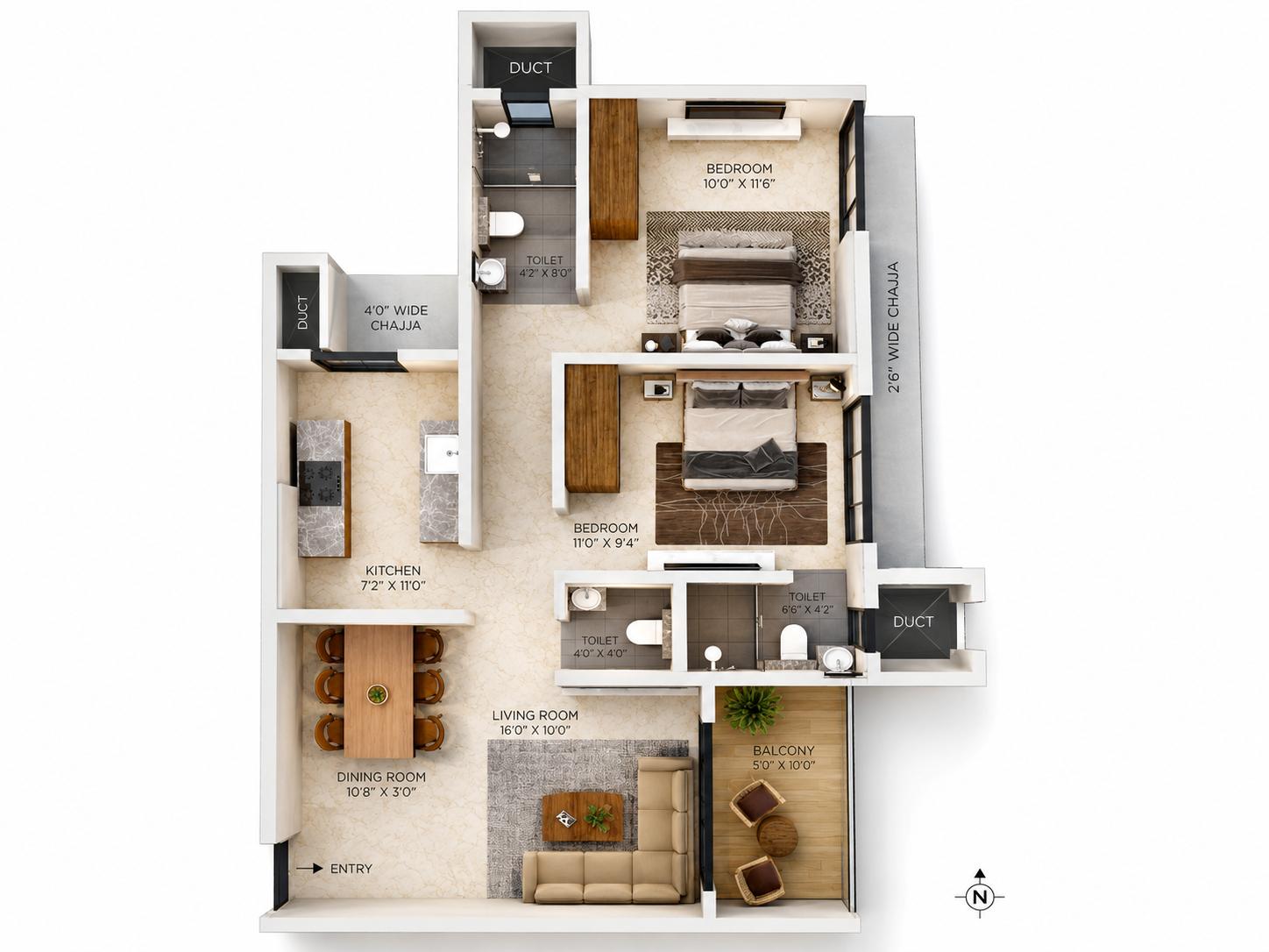 2BHK floor plan