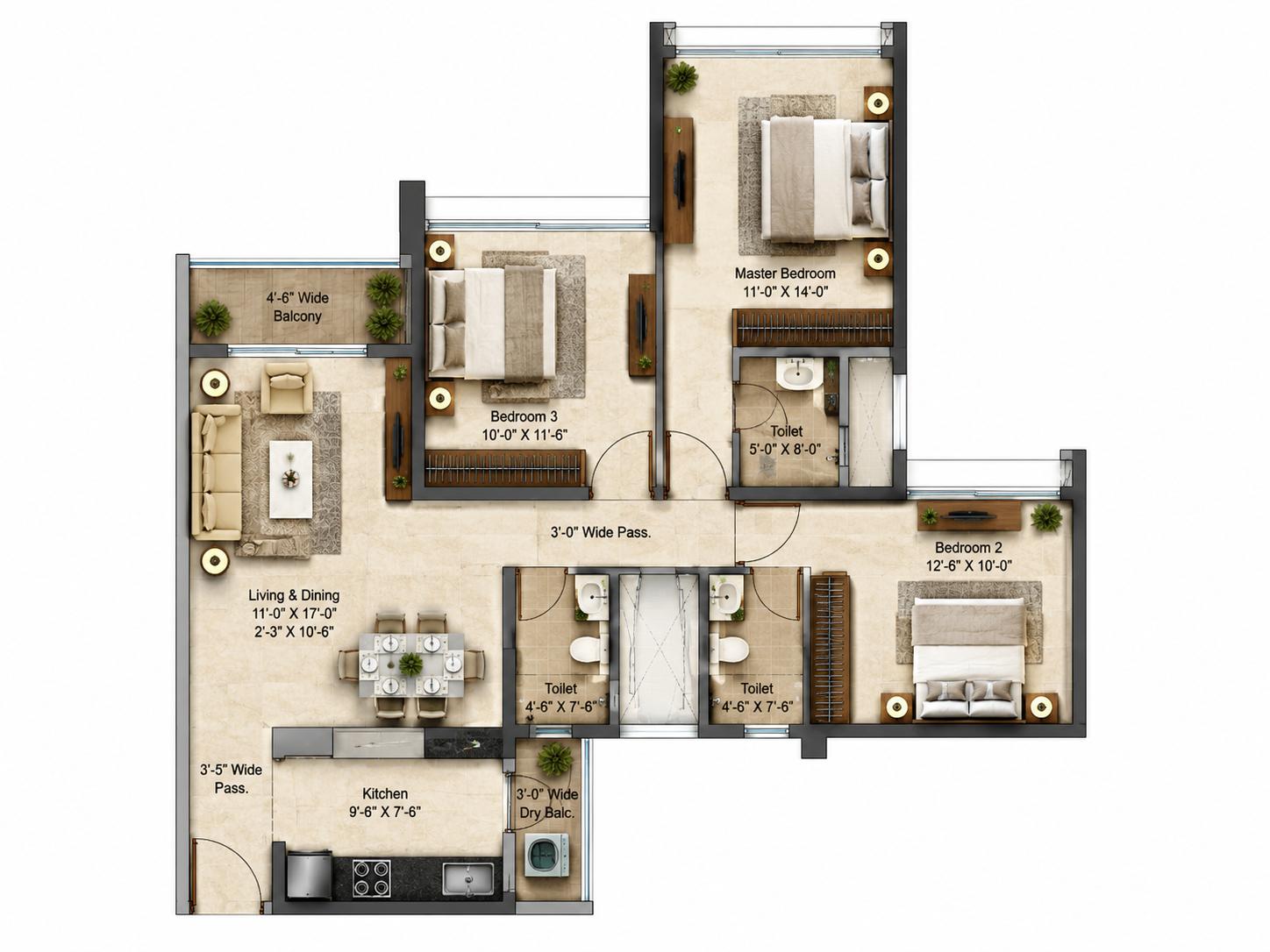 3BHK floor plan