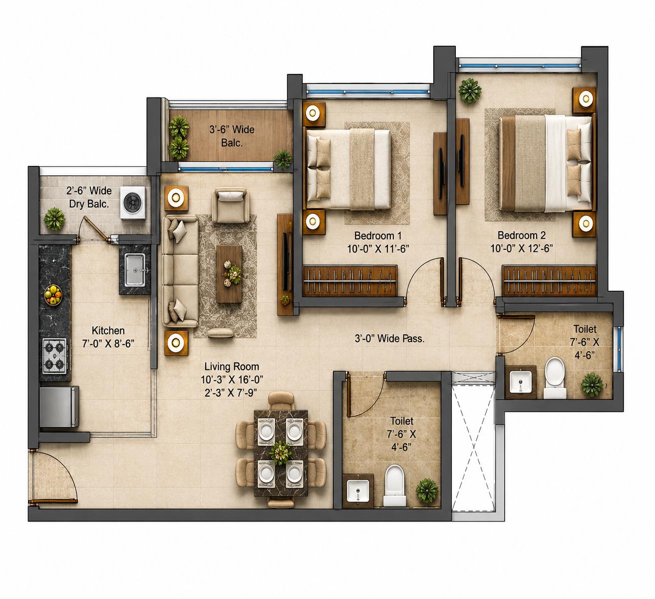 2BHK Premium floor plan