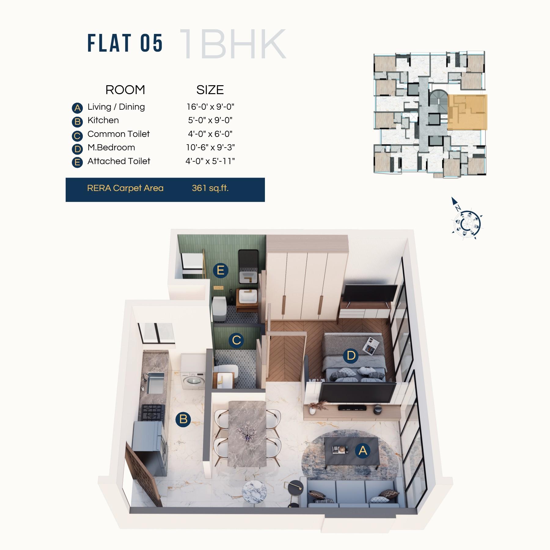 1 BHK - T2 floor plan