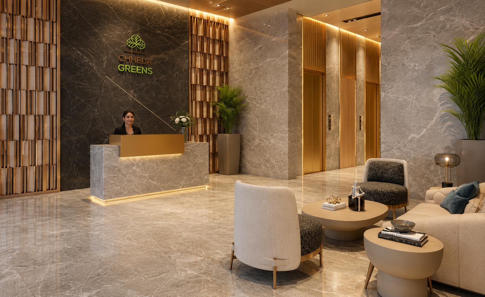 Grand entrance lobby at Chheda Greens, Mira Road East
