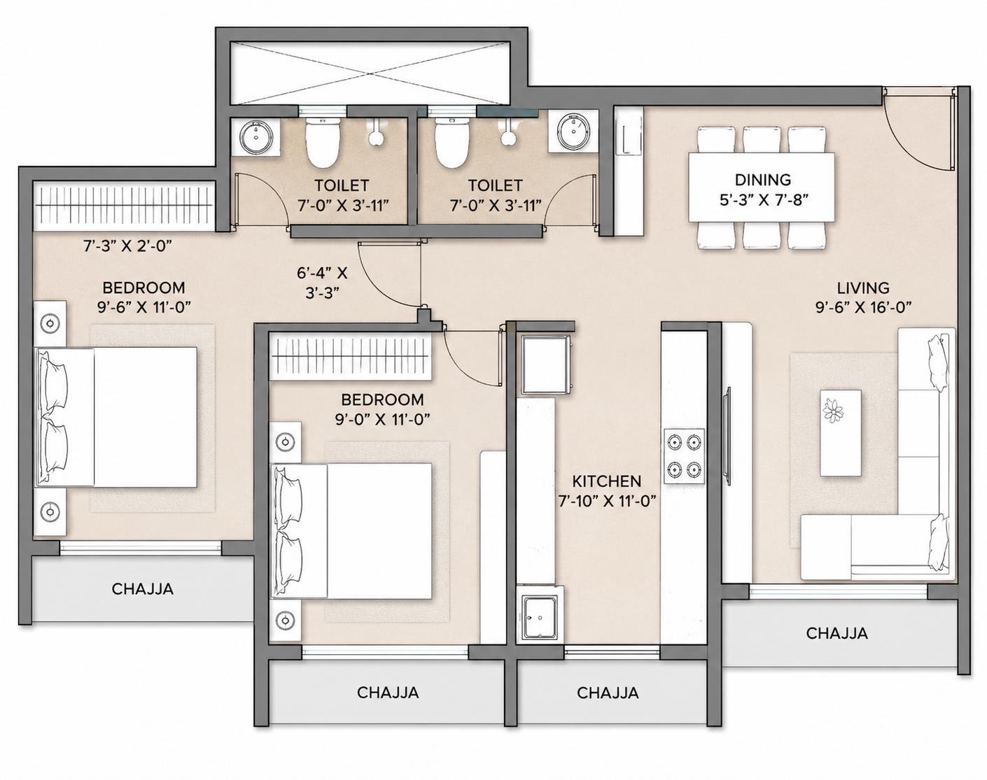 2BHK floor plan