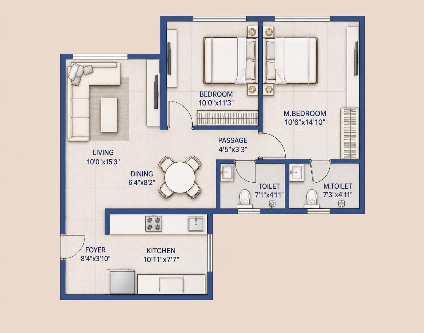 2 BHK Type1 floor plan