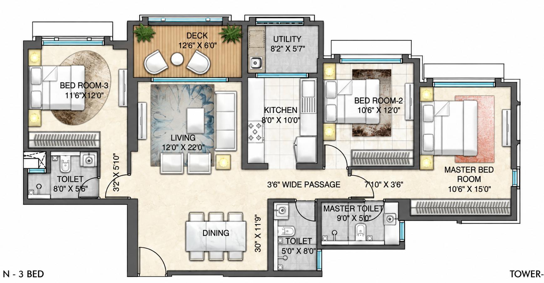 3BHK floor plan