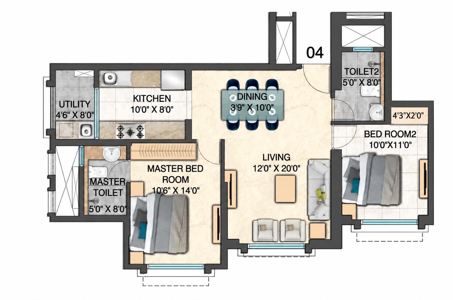 2BHK floor plan