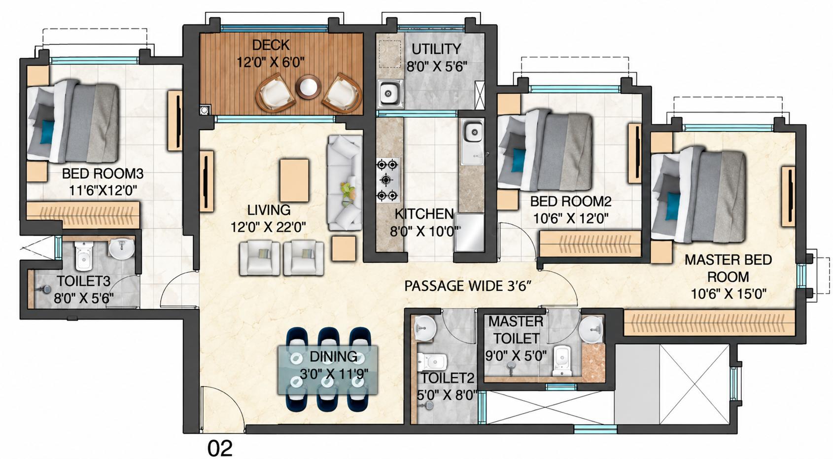 3BHK floor plan