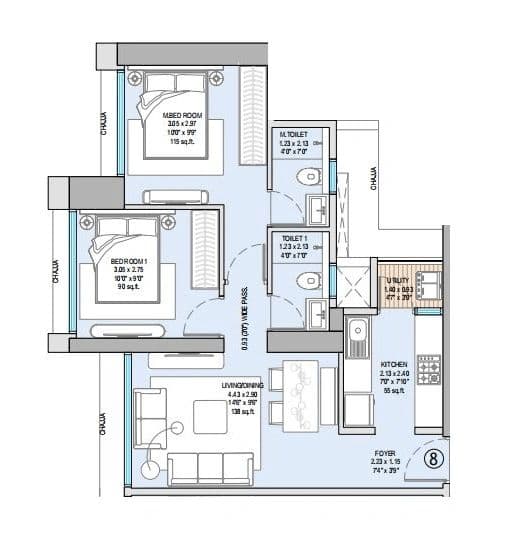 2 BHK T1 floor plan