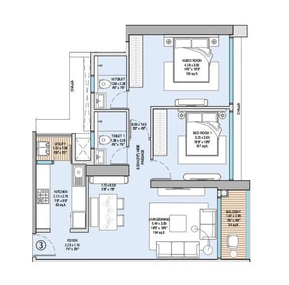 2 BHK T4 floor plan