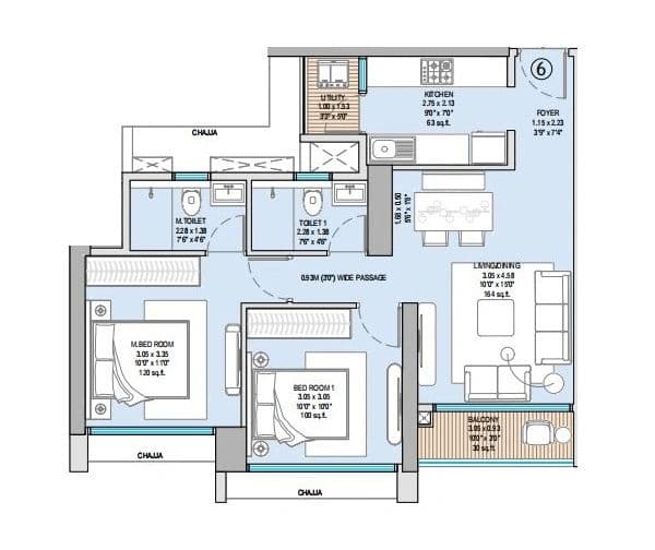 2 BHK T2 floor plan
