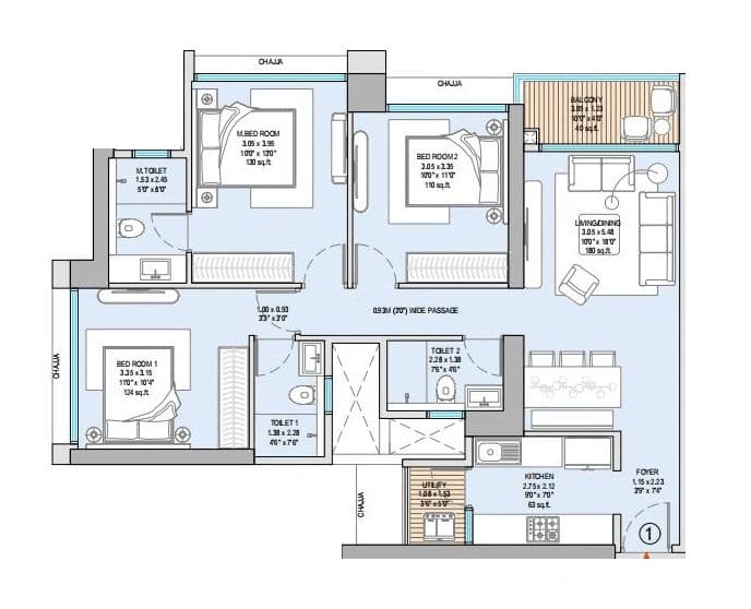 3 BHK T1 floor plan