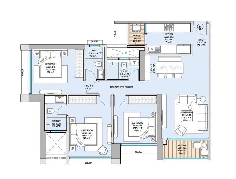 3 BHK T2 floor plan