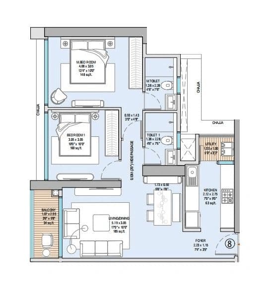 2 BHK T3 floor plan