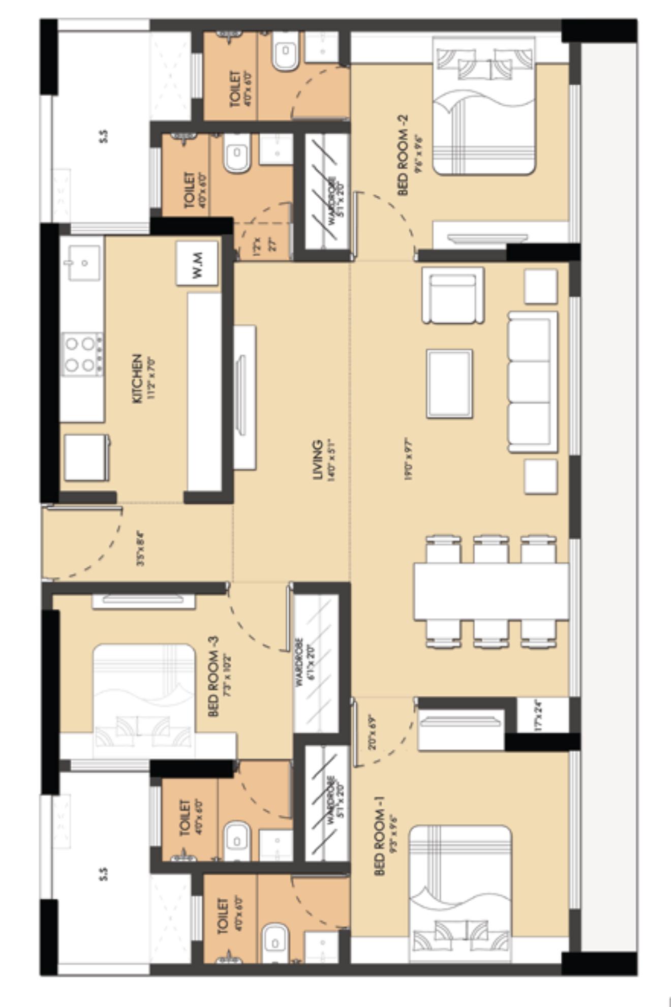 3 BHK Type1 - (Shakti) floor plan