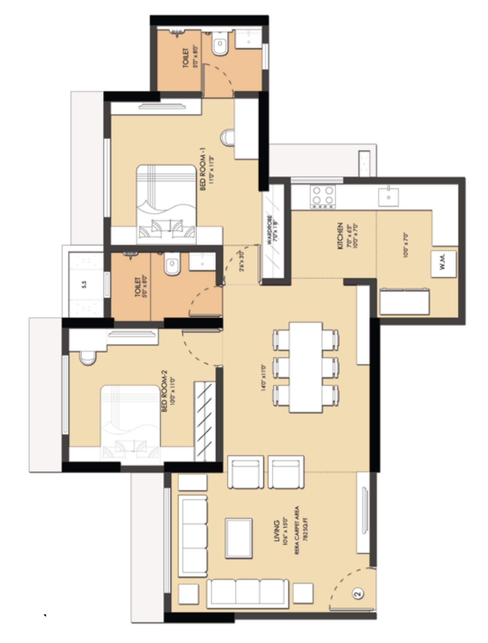 2 BHK Type4 (Shakti) floor plan