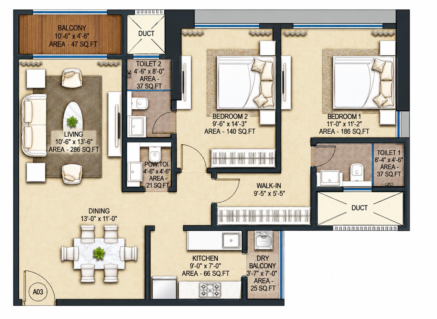2BHK floor plan