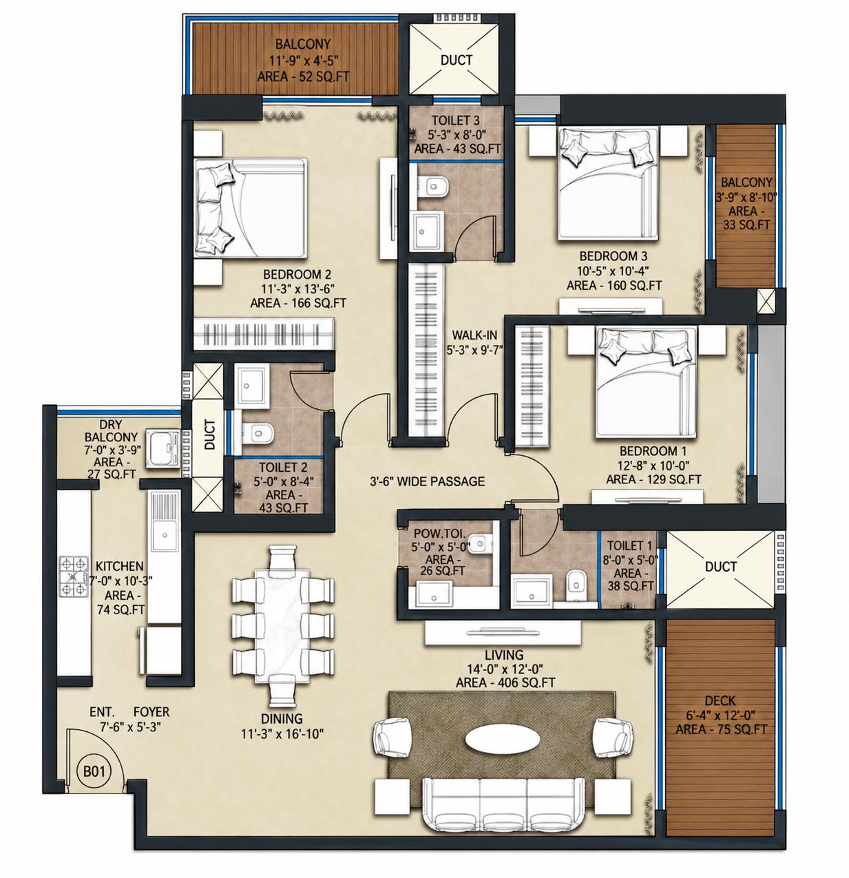 3BHK floor plan