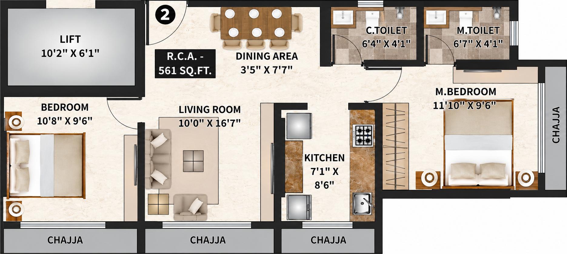 2BHK floor plan
