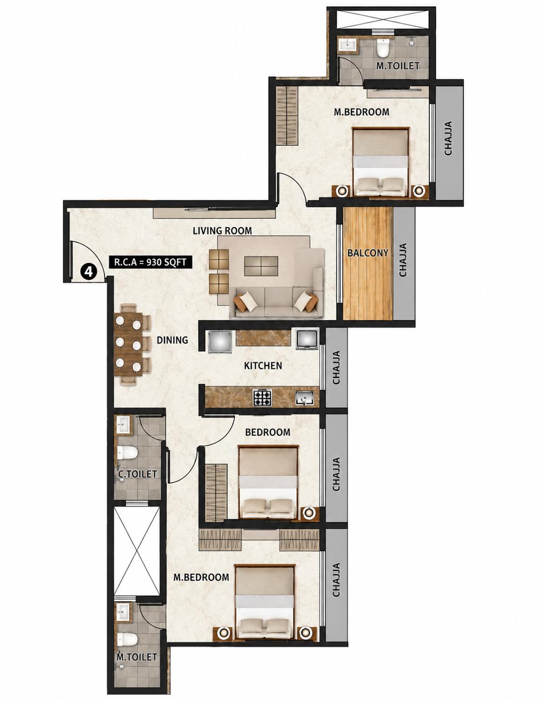 3BHK floor plan