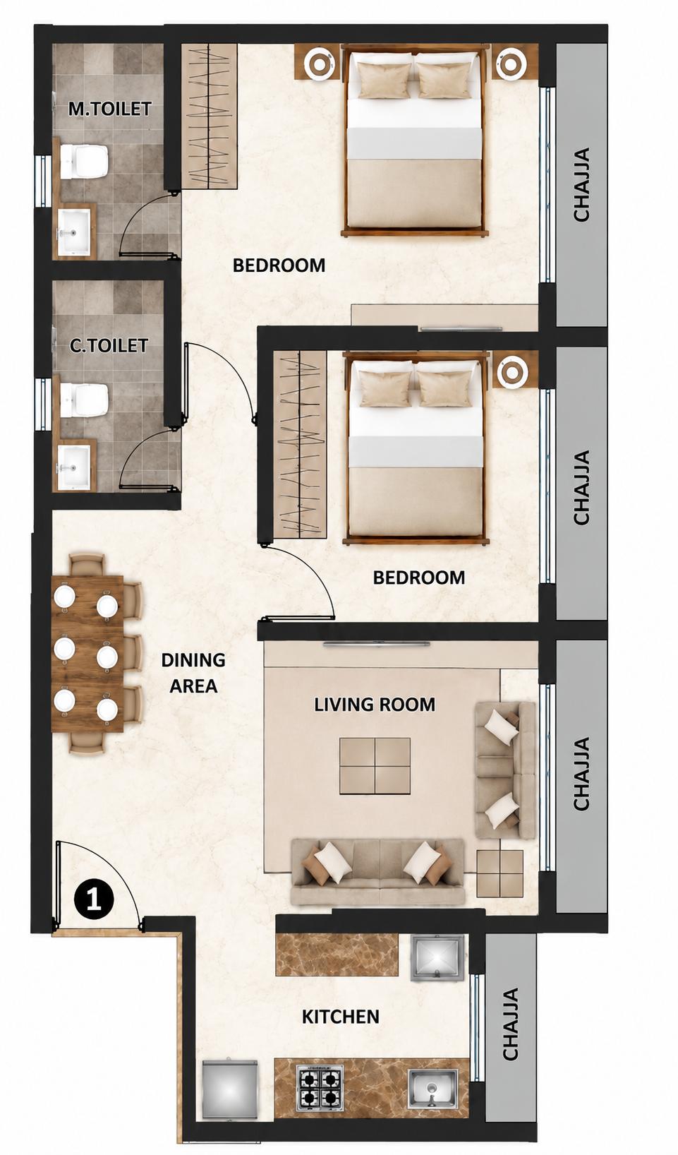 2BHK Grand floor plan