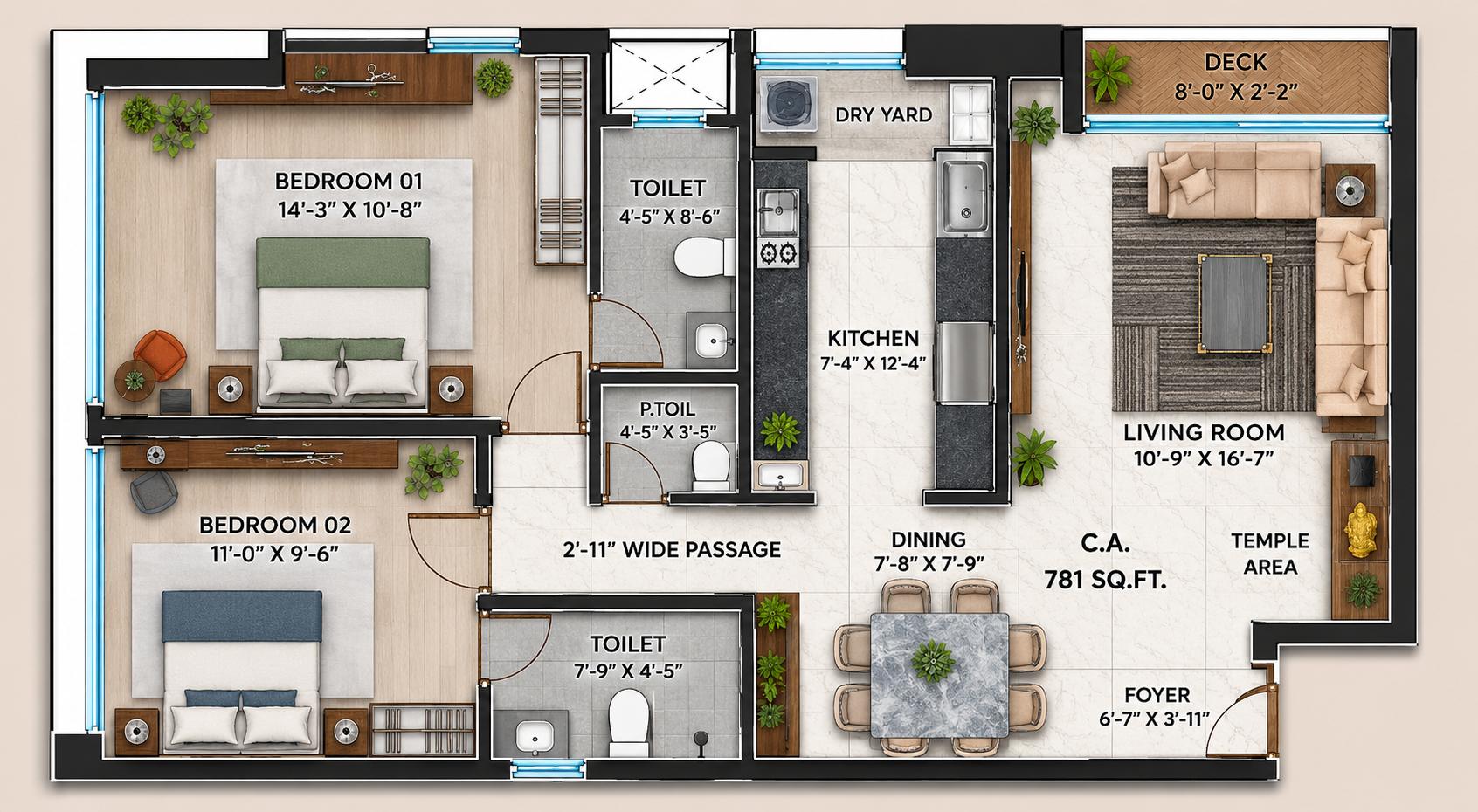 2 BHK Type2 floor plan