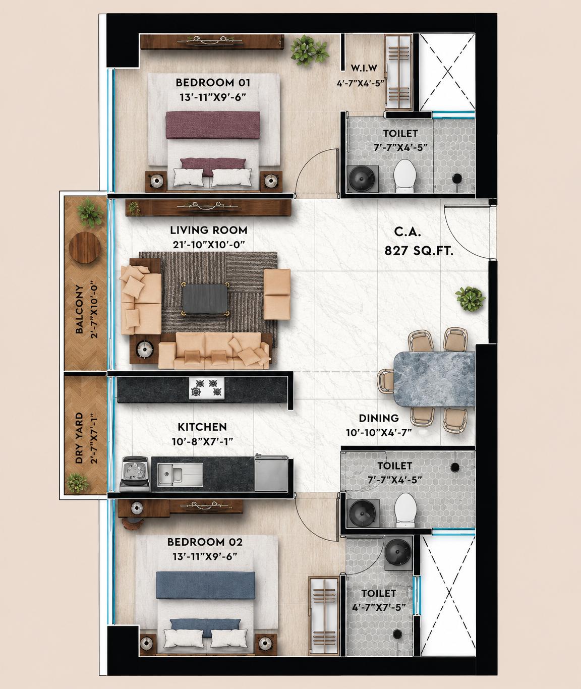 2 BHK Type4 floor plan