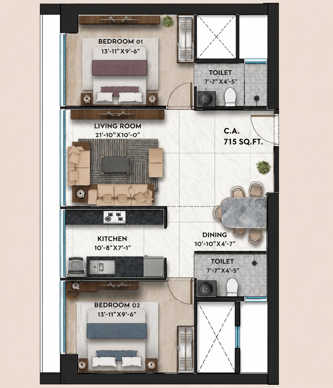 2 BHK Type1 floor plan
